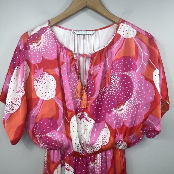 Trina Turk Pink Orange Floral Silk Mini Dress Size S Small Boho Tassle Tie - Picture 3 of 12